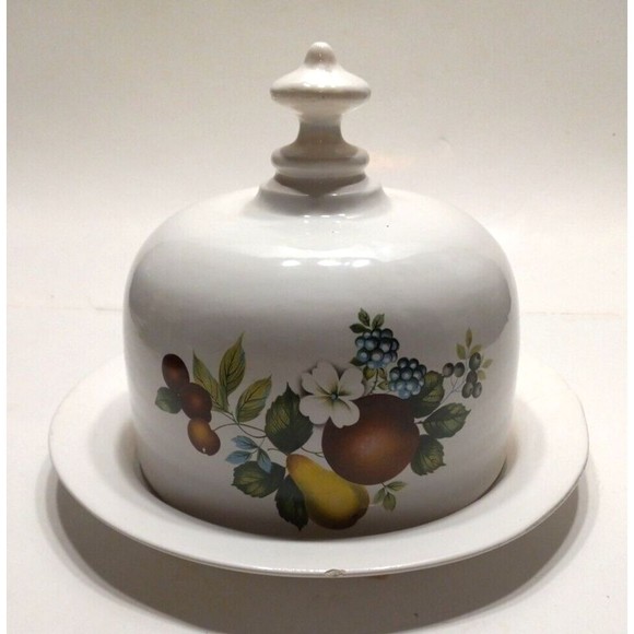 Vintage Cheese Butter Dish Domed Serving White Ceramic Fruits Florals - Picture 3 of 9